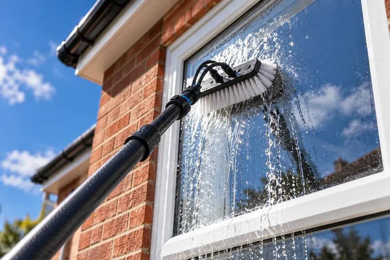 Water-fed pole brush cleaning a first-floor window on a red-brick house in Lancashire