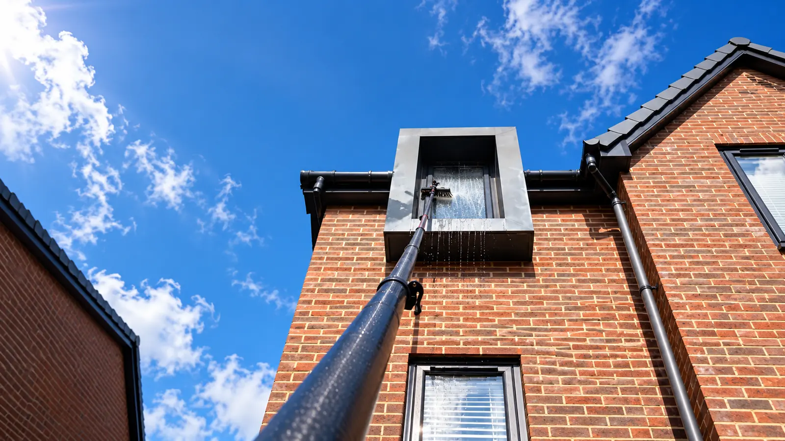 Water-fed pole cleaning an upstairs window on a red-brick house in Blackburn